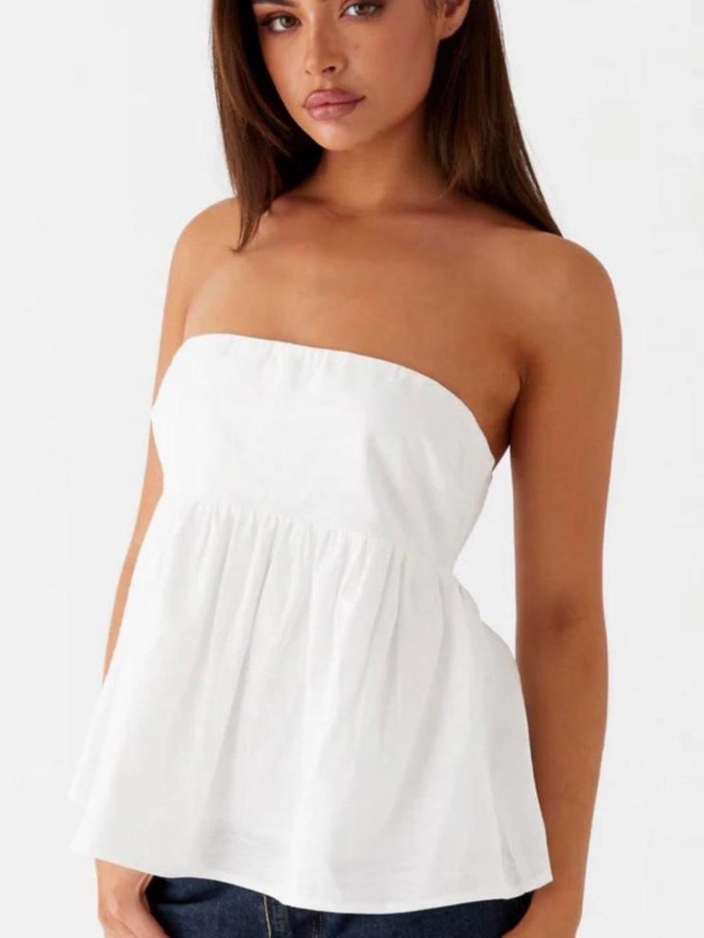 Peppermayo Cassie White Strapless Peplum Camisole Smocked back Loose fit Top 8